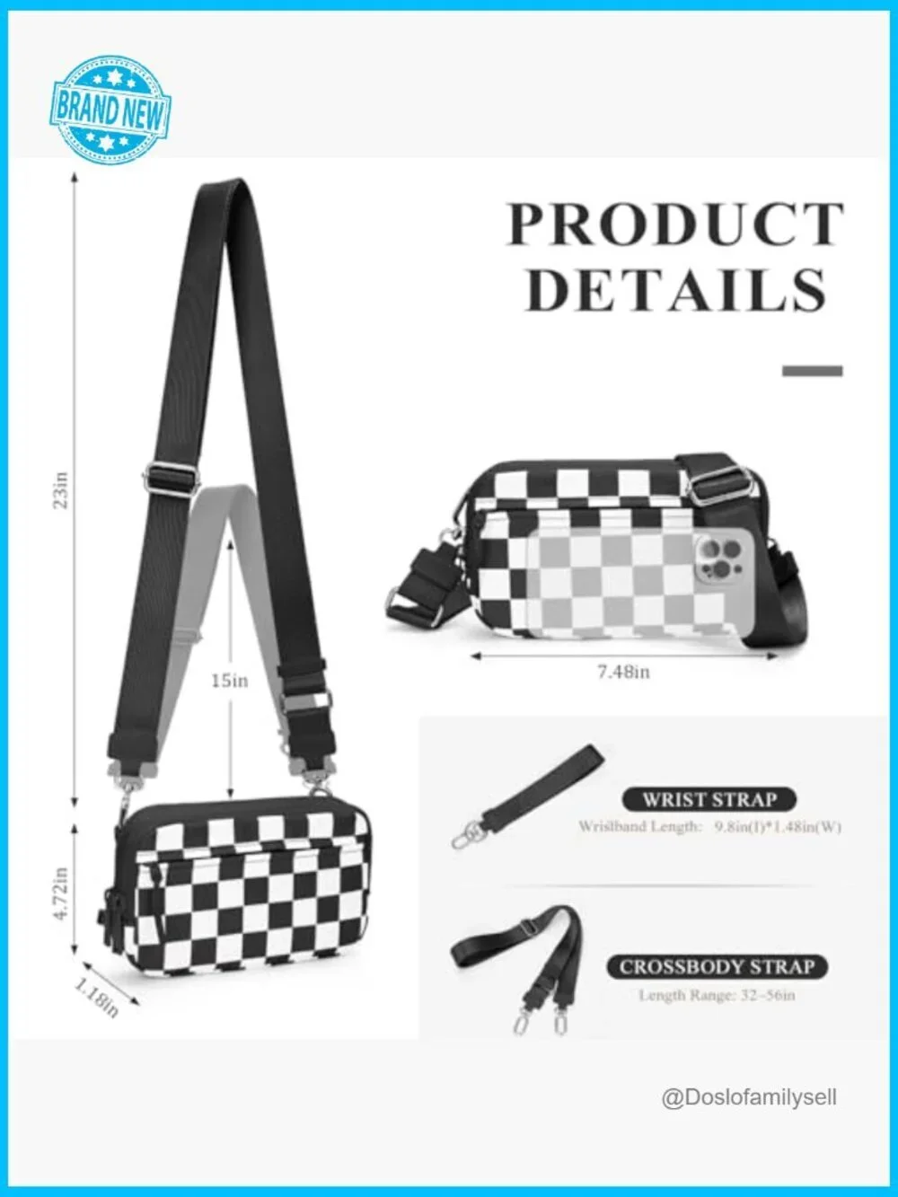 Checkered Nylon Wristlet Wallet with ID Window Crossbody Bag Multiple